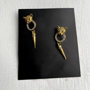 Gold Jaguar Earrings with Rhinestones -Rock-punk Animal Jewelry